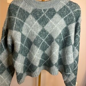 Ardene Argyle Crew Neck Sweater - Green and Gray